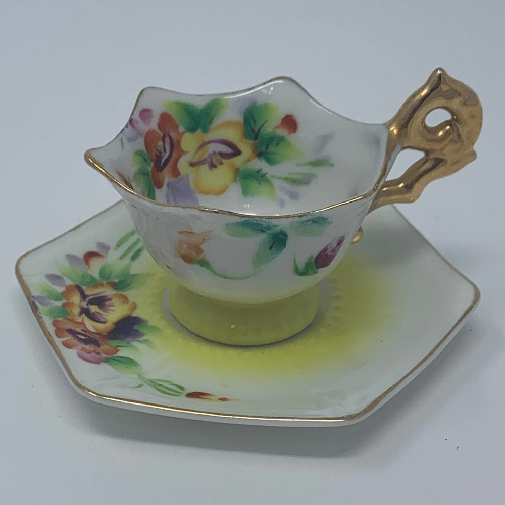 Vintage Mini Tea Cup, Saucer Scallop Edge Hand Painted Trim Gold Yellow Floral